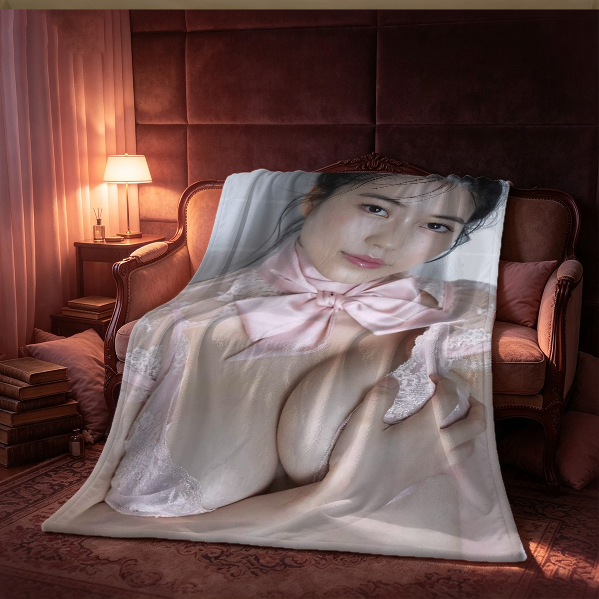 Remi in Blue and White Bunny Lingerie, Back View - Blanket
