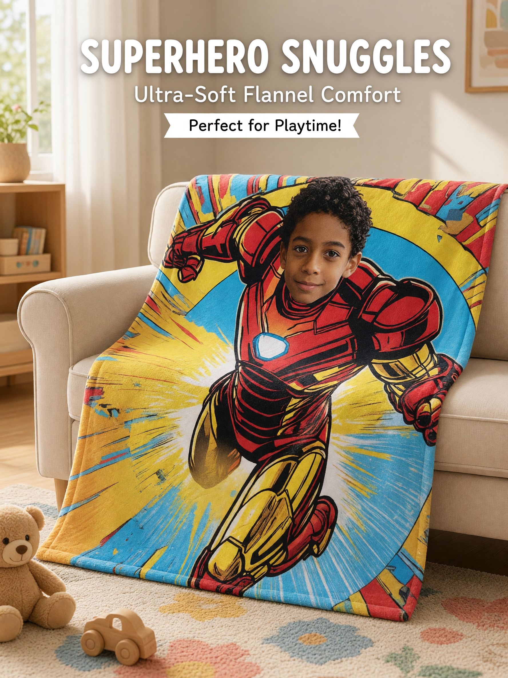Custom Photo Face Superhero Flannel Blanket, Personalized Comic Armor Soft Warm Throw Blanket, Unique Birthday Gift