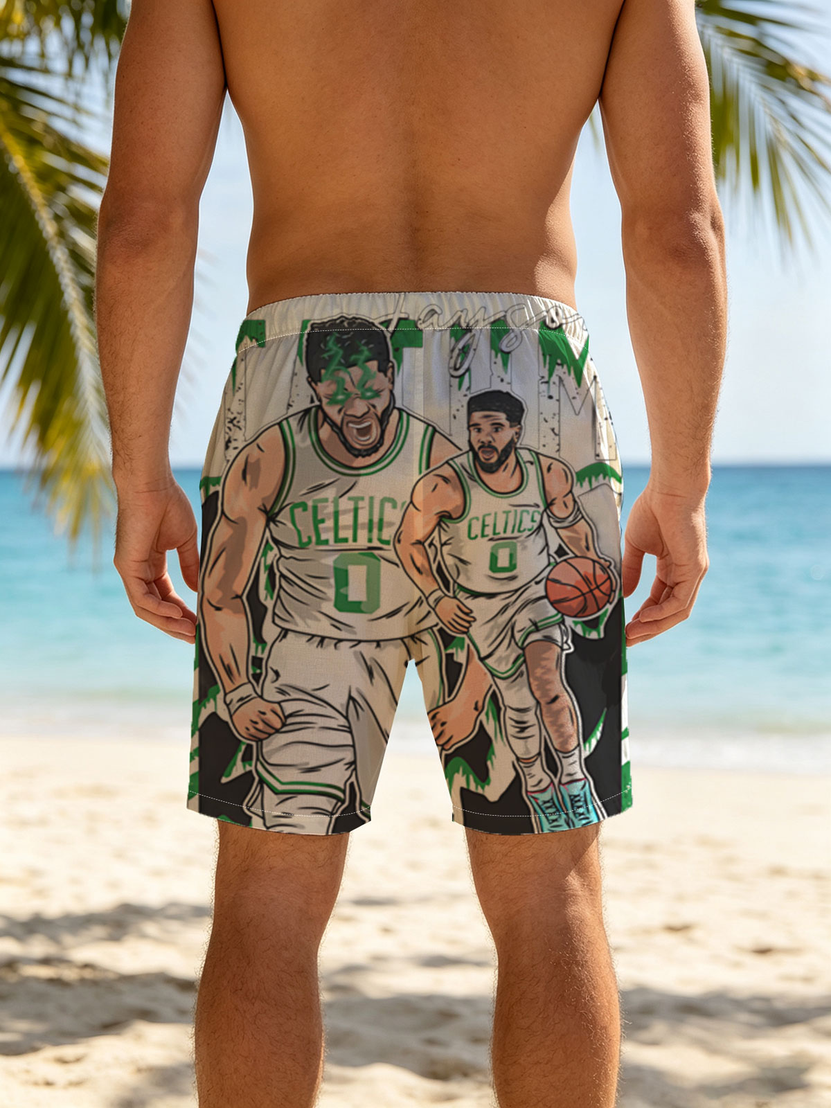 Jayson Tatum in Celtics Uniform, Basketball Action Art -  Beach shorts