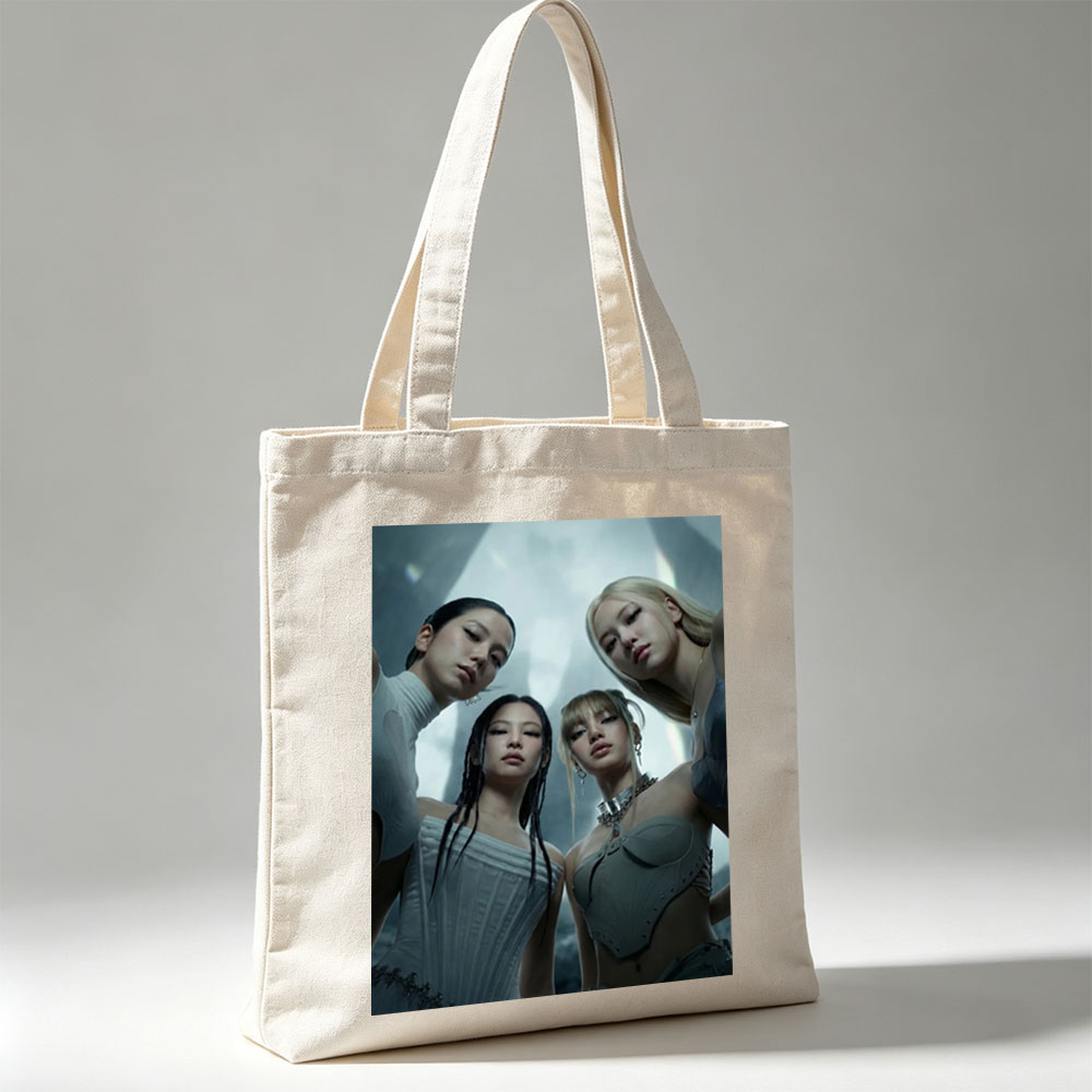 BLACKPINK in Futuristic Fashion Scene - Four Members Pose in Sleek, High-Tech Outfits Against a Dramatic, Otherworldly Background - Canvas tote bags