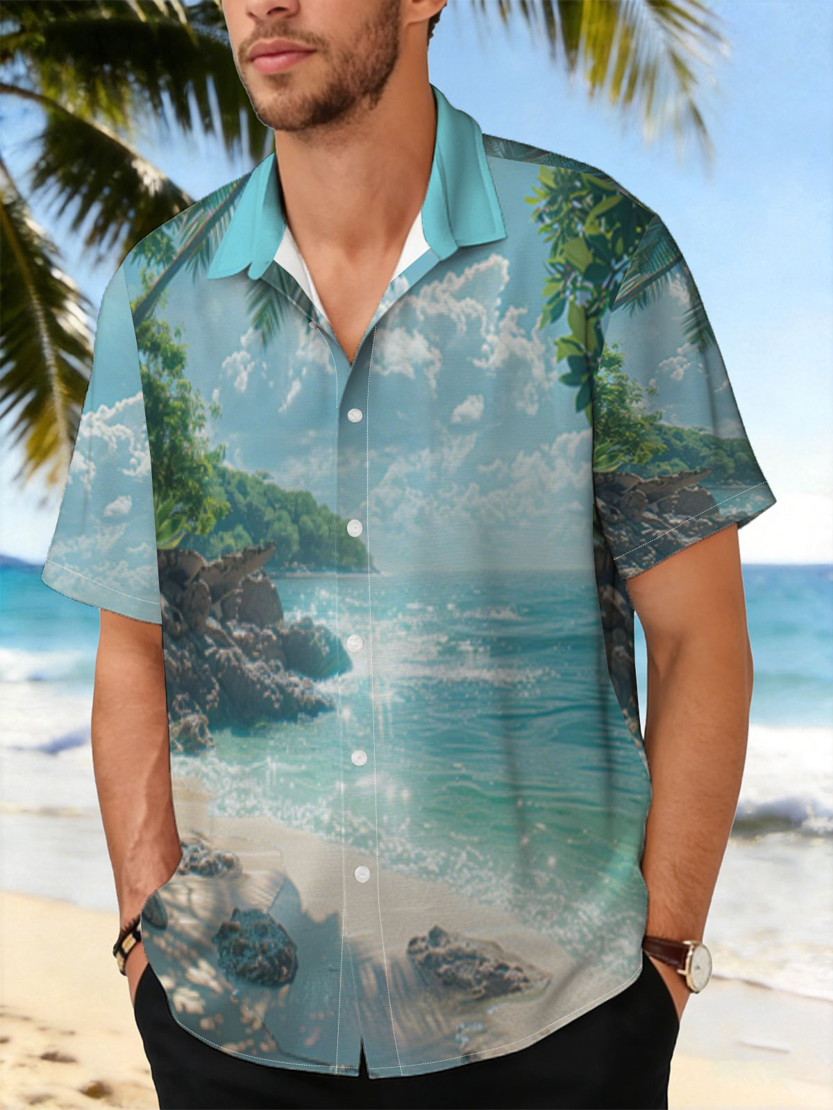 Tropical Beach with Palm Trees and Crystal Clear Water -  Shirt