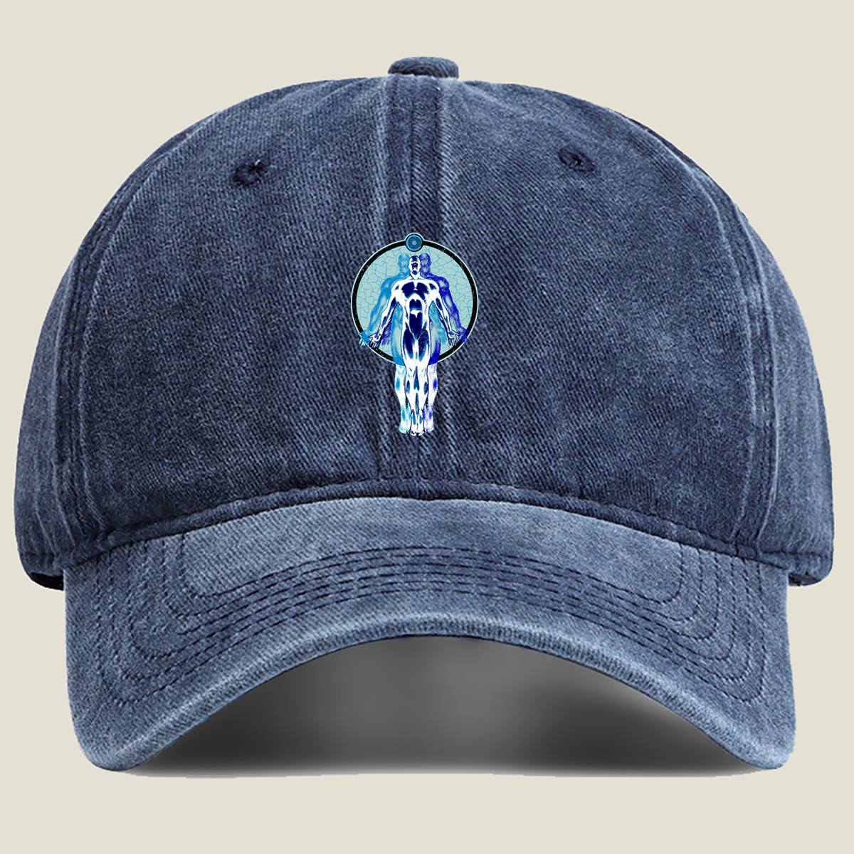 Blue Human Figure in Circular Frame - Washed Denim - Baseball Cap