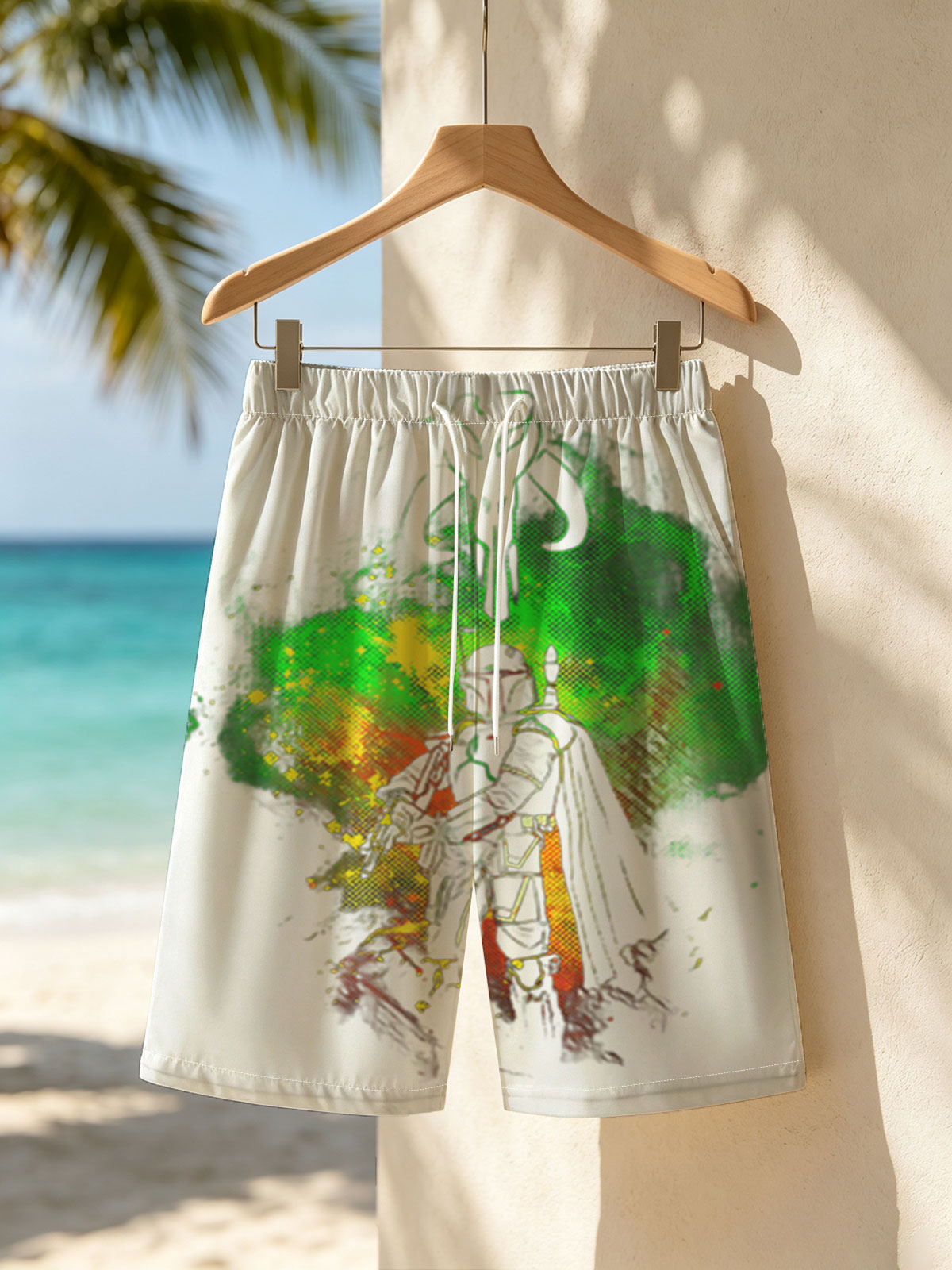 Din Djarin, The Mandalorian, stands in silhouette against a vibrant green and yellow cosmic backdrop, with the iconic Mandalorian symbol above. -  Beach shorts