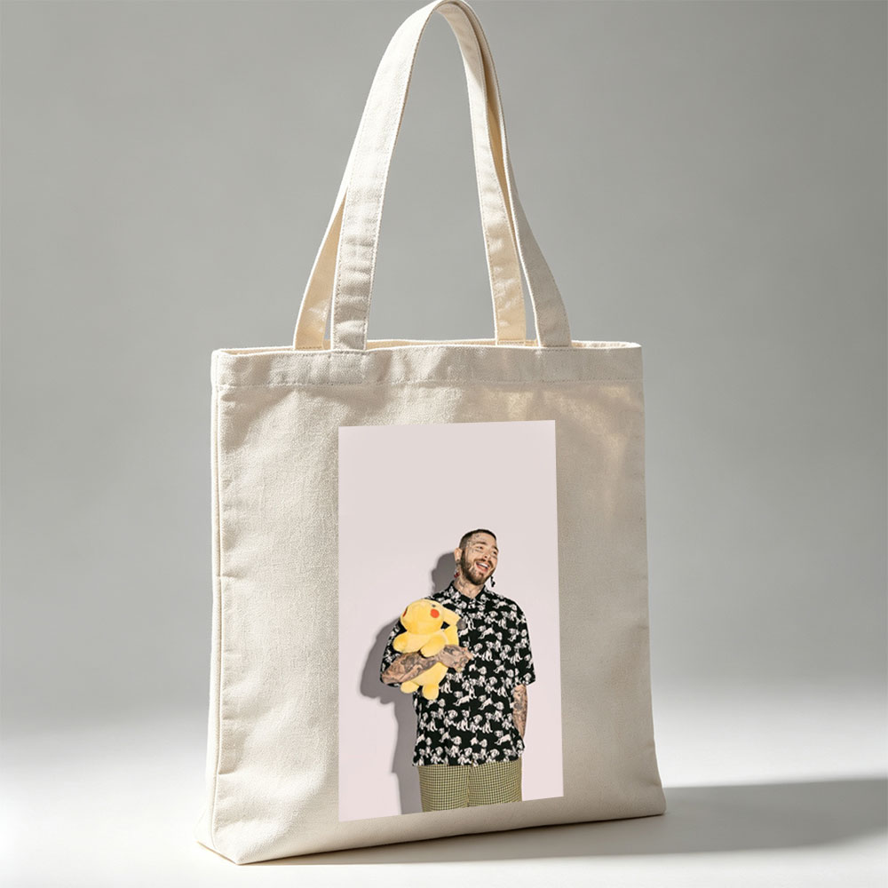 Post Malone Holding a Pikachu Plush Toy in a Patterned Shirt and Checkered Pants - Canvas tote bags