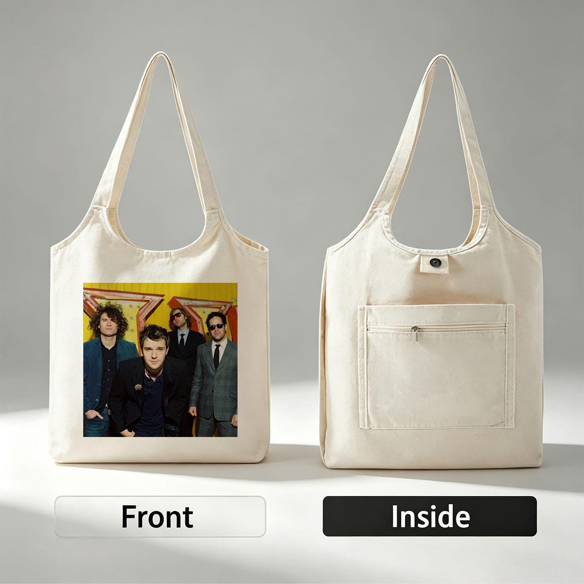 The Killers Band Members in Formal Wear Against a Vibrant Yellow Background - Canvas shoulder bags/