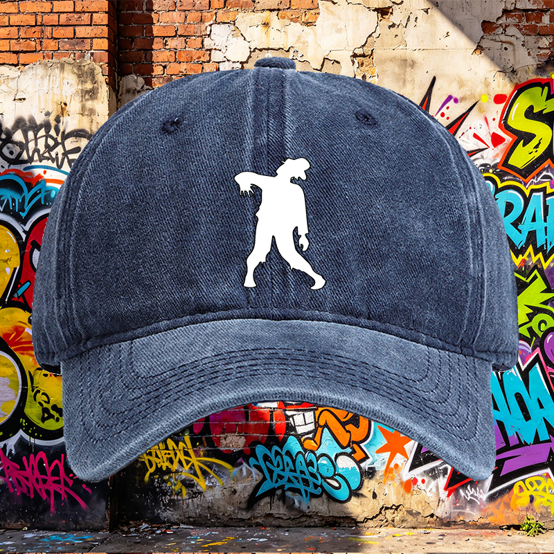 Unisex Classic Washed Cotton Hat with Zombie Silhouette Print – Perfect for Halloween, Outdoor Adventures, and Casual Wear – Ideal for Teens and Adults Seeking Unique Streetwear Style