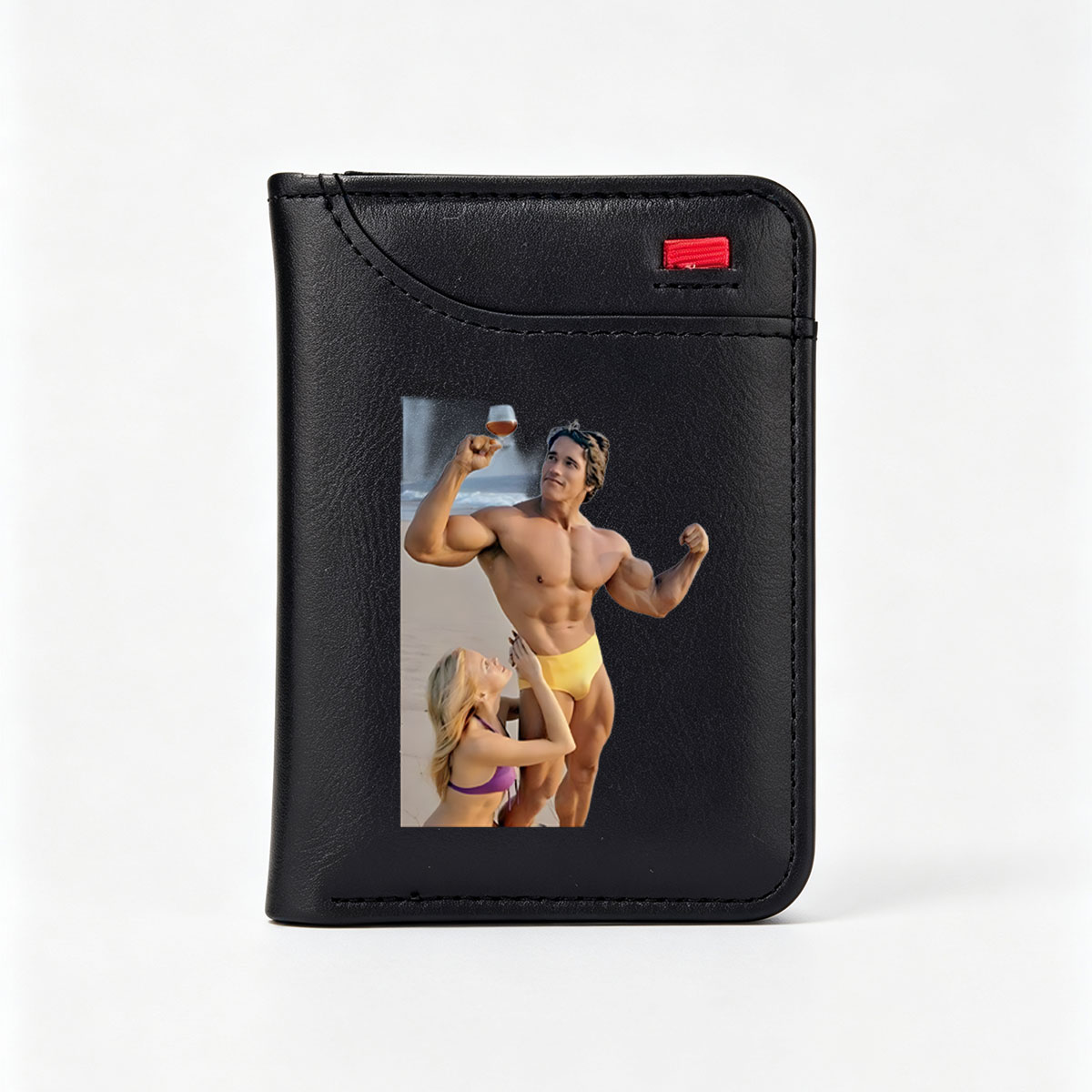 Muscular Man in Yellow Swimwear Holding Wine Glass, Woman in Purple Bikini Admiring Him on Beach - Vertical Style Wallet