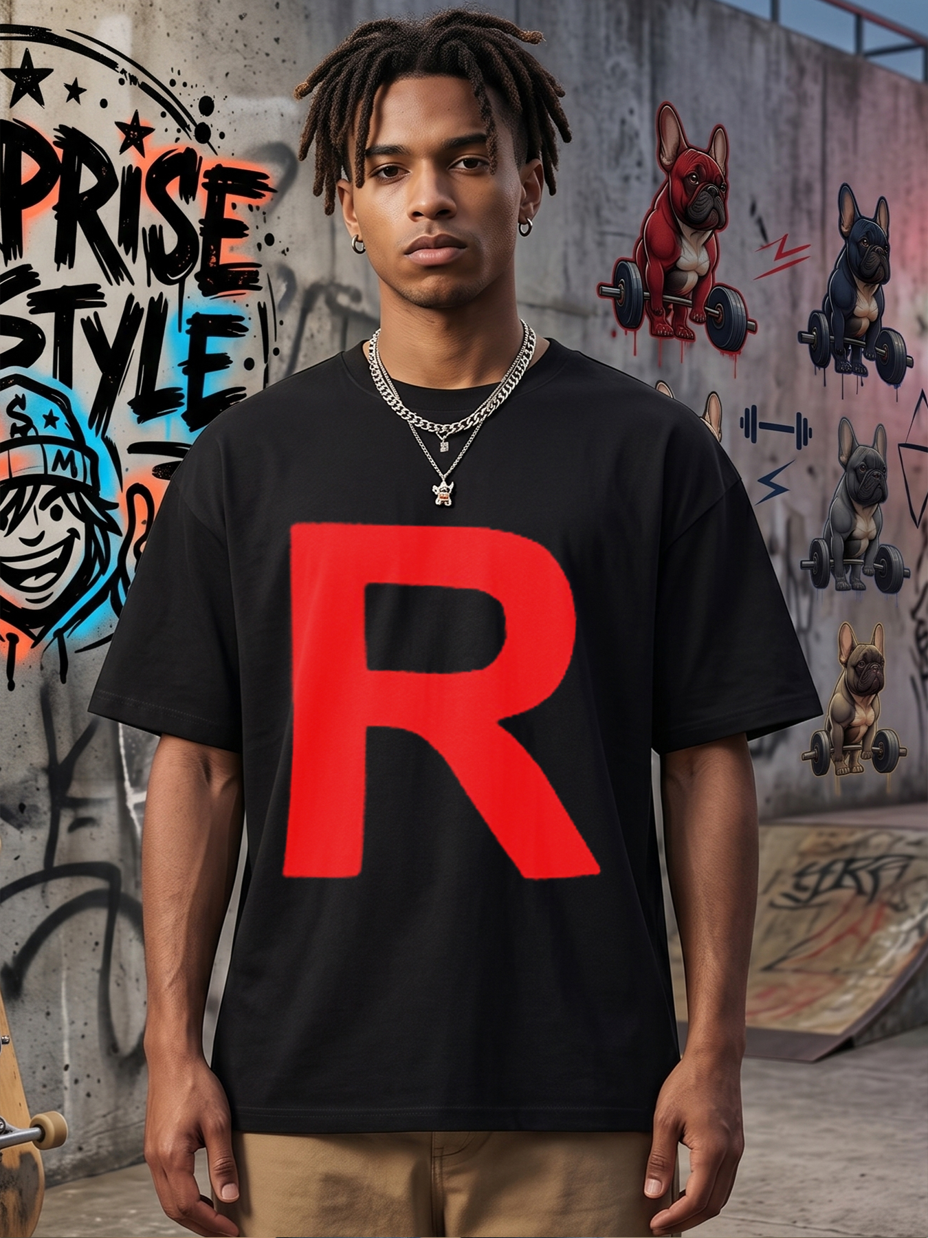 Men's Printed T-Shirt with Bold Red R Letter Design Casual Round Neck Lightweight Breathable Summer Short Sleeve T-Shirt for Everyday Wear and Outdoor Activities Adults