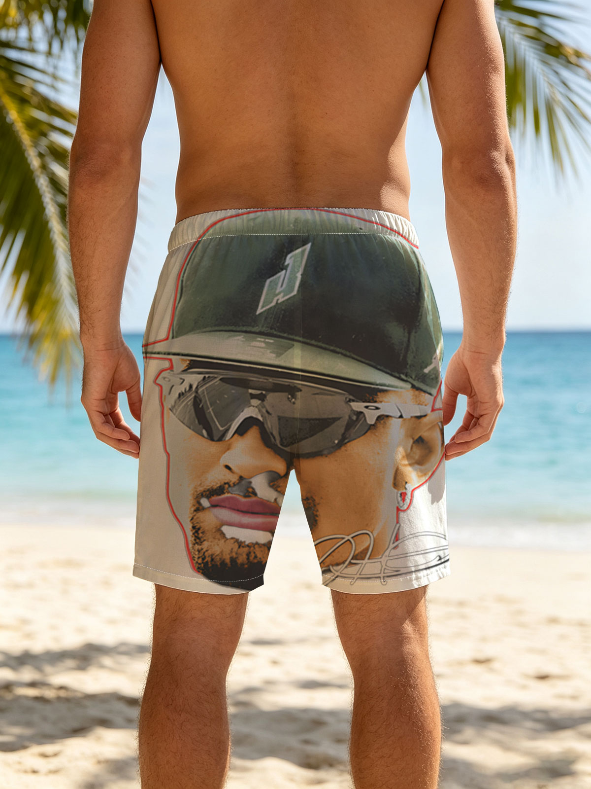 Derek Jeter in Green Cap and Sunglasses with Signature -  Beach shorts