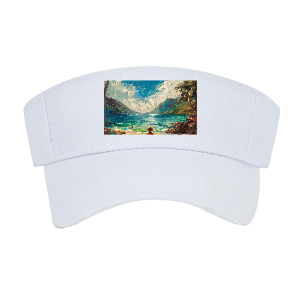 A woman walks on a tropical beach, framed by palm trees and turquoise waters under a vibrant sky. -  Visor cap