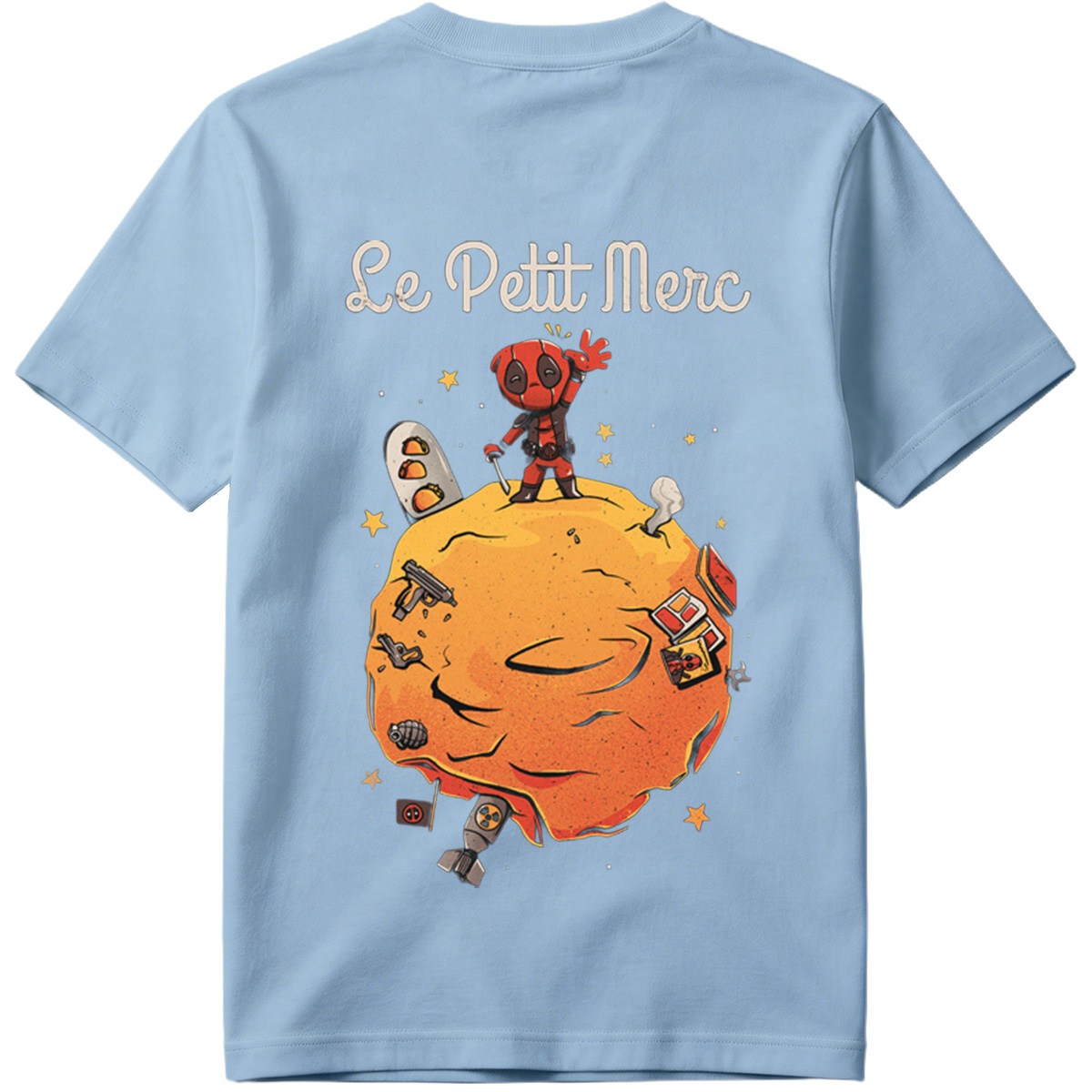 Deadpool on a Planet with Weapons and Space Items - Tee