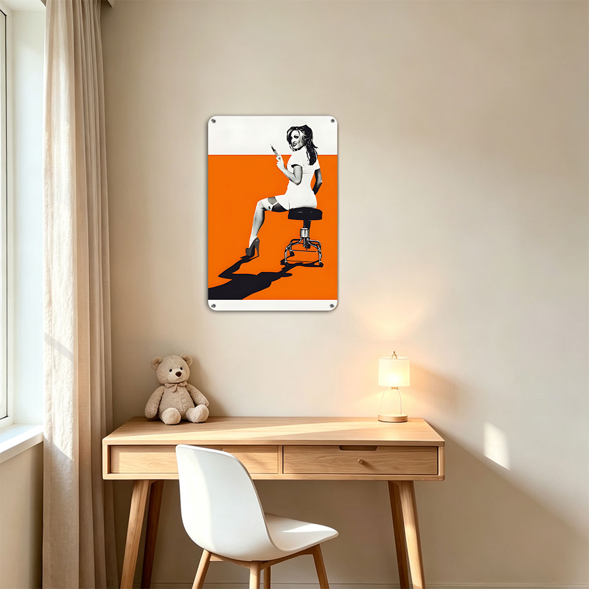 Nurse in White Dress Holding Syringe on Stool Against Orange Background - painting