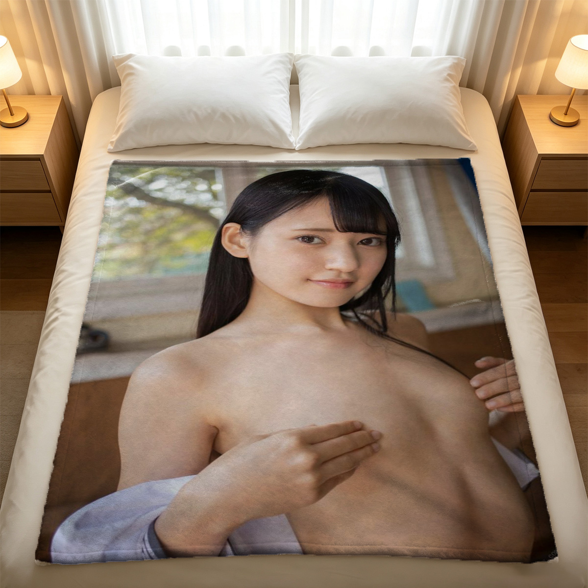 Aimi Yoshikawa in pink lace lingerie and sheer robe lying on bed. - Blanket