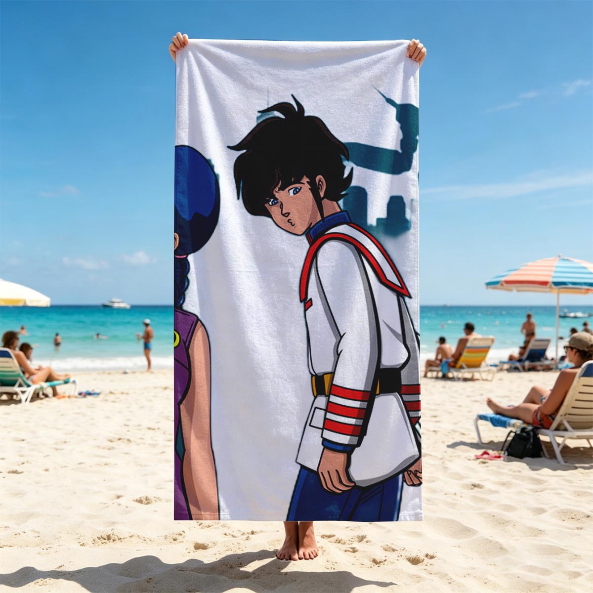 Lum, Ataru, and Mendou from Urusei Yatsura stand together in a dramatic pose against a dark, eerie backdrop. - Beach towels