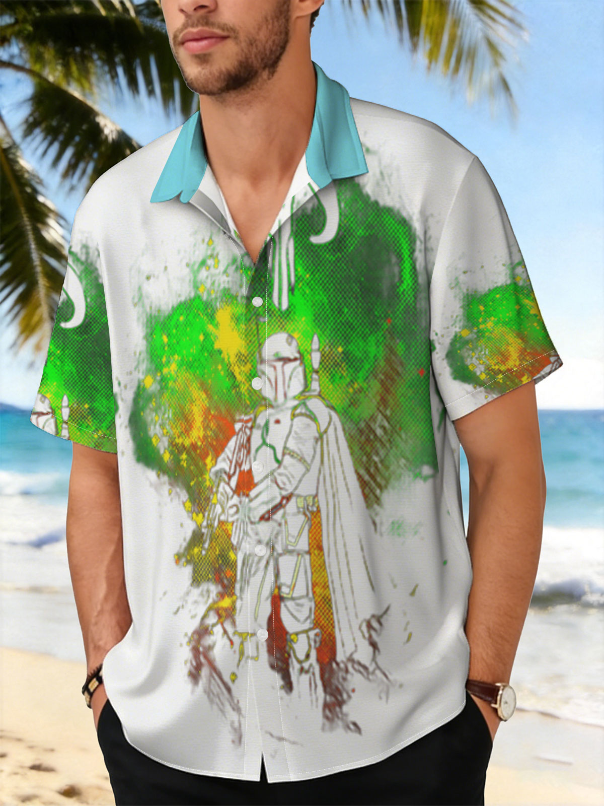 Din Djarin, The Mandalorian, stands in silhouette against a vibrant green and yellow cosmic backdrop, with the iconic Mandalorian symbol above. -  Shirt