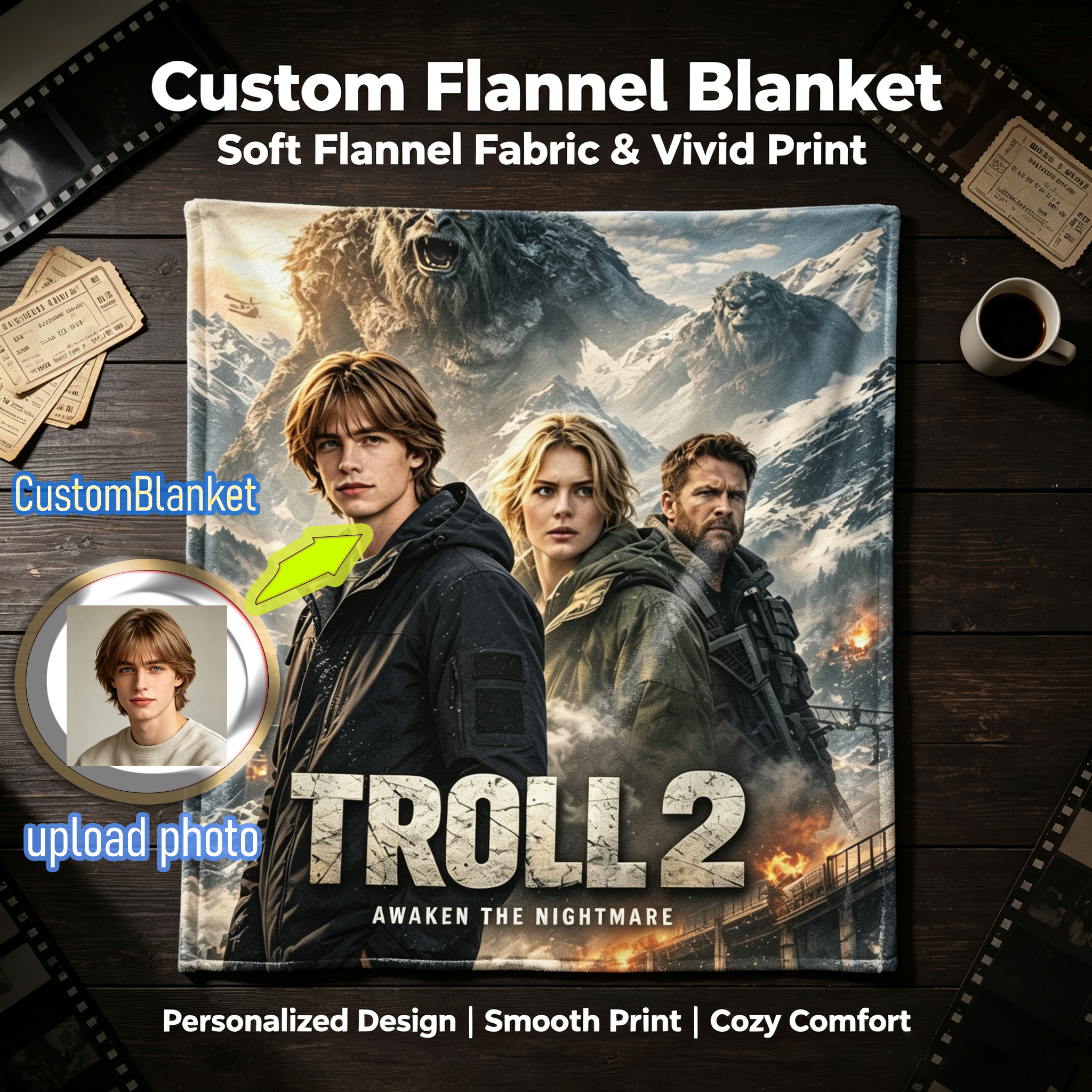 Custom Face Blanket Troll 2 Awaken the Nightmare Flannel Blanket Movie-Themed Cozy Gift for Fans and Collectors