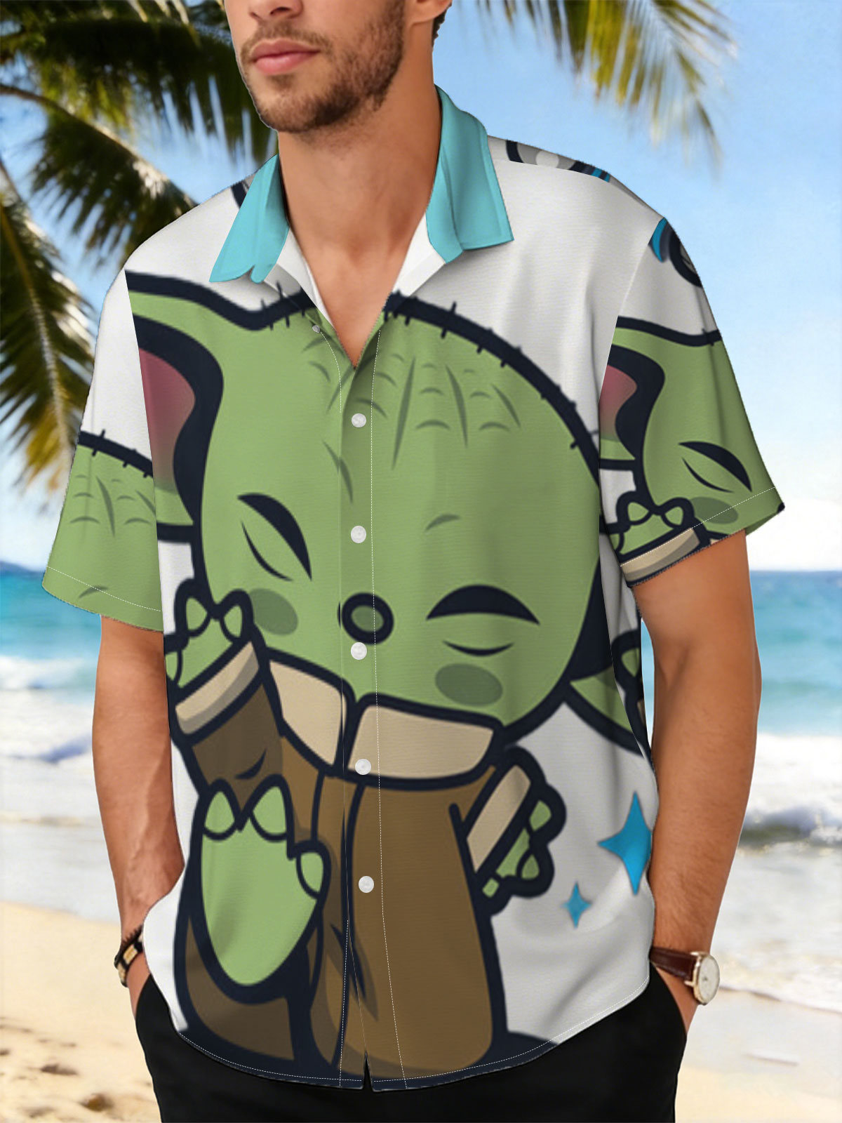 Baby Yoda Hugging a Cup with Stars and Droid in Background -  Shirt