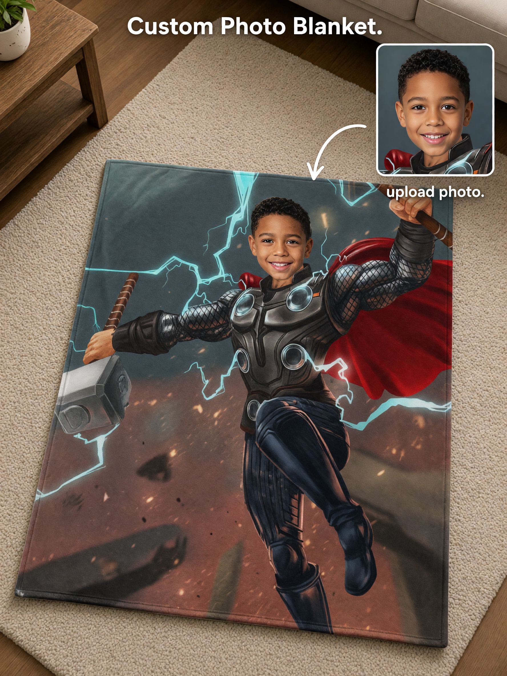 Custom Face Superhero Blanket Personalized Kids Photo Thunder Hero Flannel Throw Cozy Birthday Gift for Boys and Family
