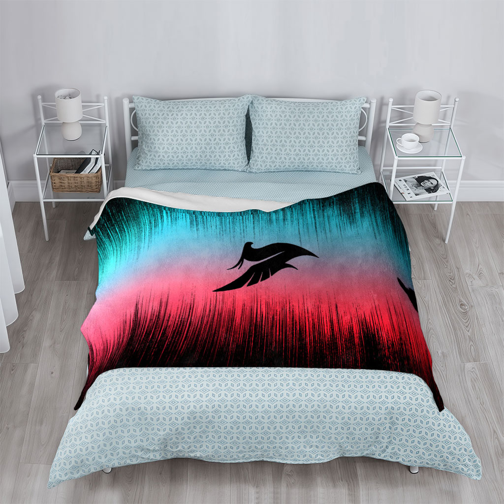 Linkin Park - Silhouette of a Man Standing Before a Winged Bird Symbol Against a Red and Blue Gradient Background - Blankets