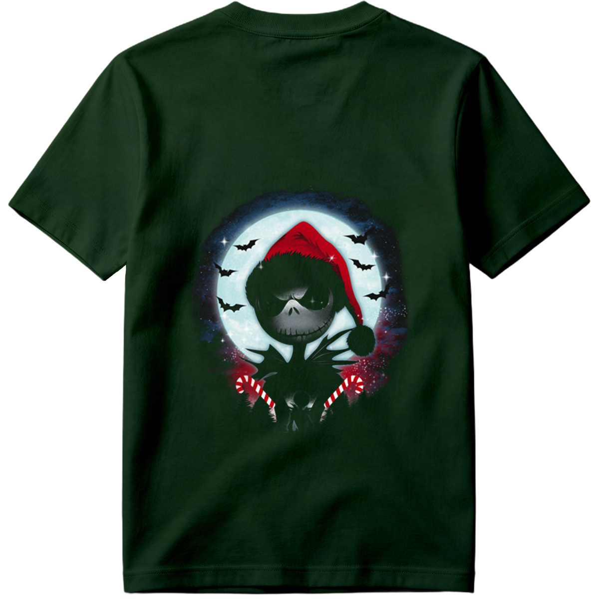 Jack Skellington in Santa Hat with Candy Canes Against Moonlit Sky - Tee