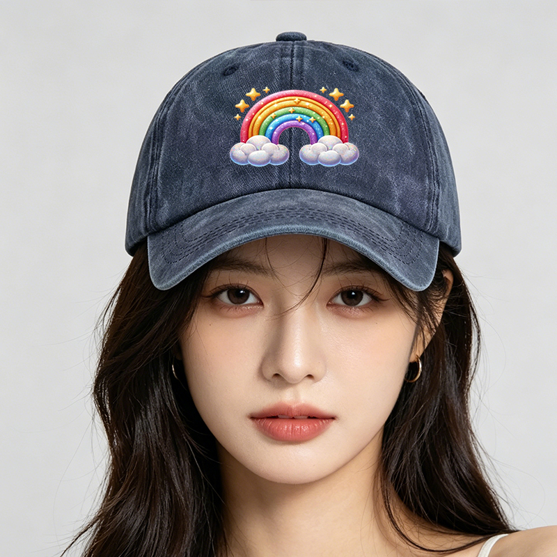 Men's Printed Washed Cap Rainbow Stars Clouds Design Casual Round Brim Summer Lightweight Hat for Outdoor Activities and Daily Wear, Suitable for Adults Seeking Fun and Comfortable Headwear
