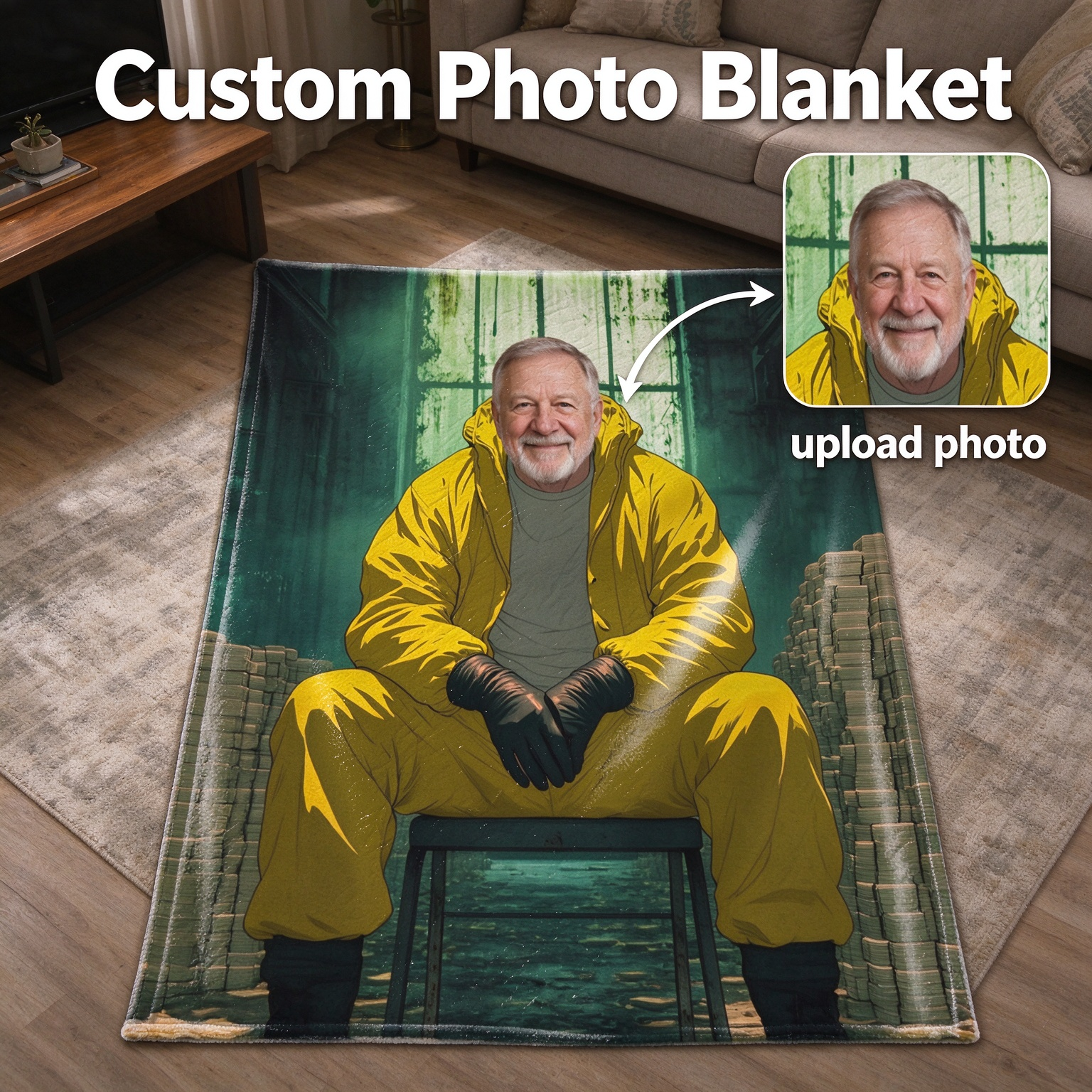 Custom Face Photo Flannel Blanket, Personalized Hazmat Graphic Plush Throw, Funny Cozy Keepsake Gift for Bed and Couch