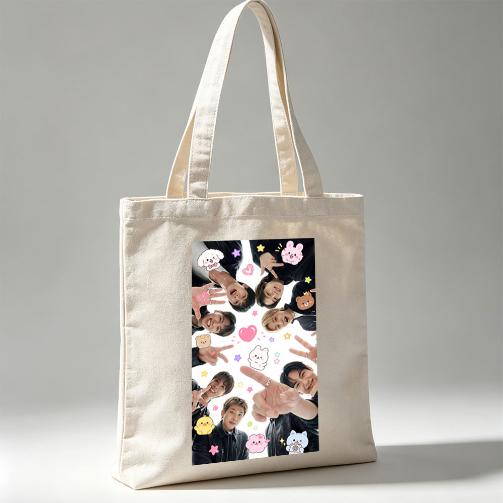 BTS Members in a Circle with Cute Stickers and Peace Signs - Canvas tote bags
