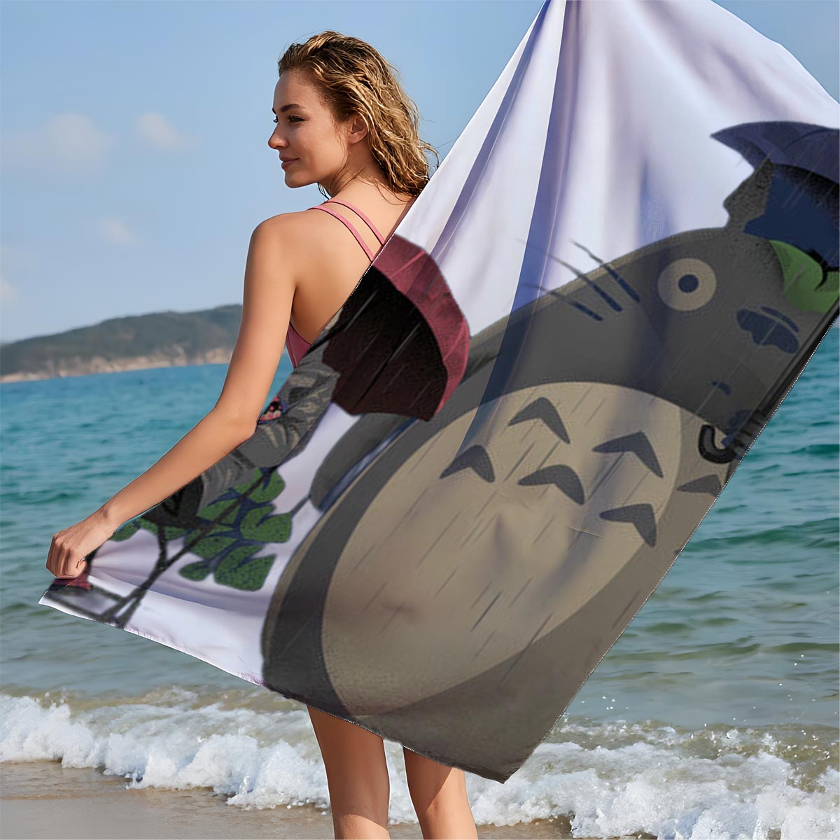 Totoro and a Person Under Umbrellas in the Rain - Beach towels