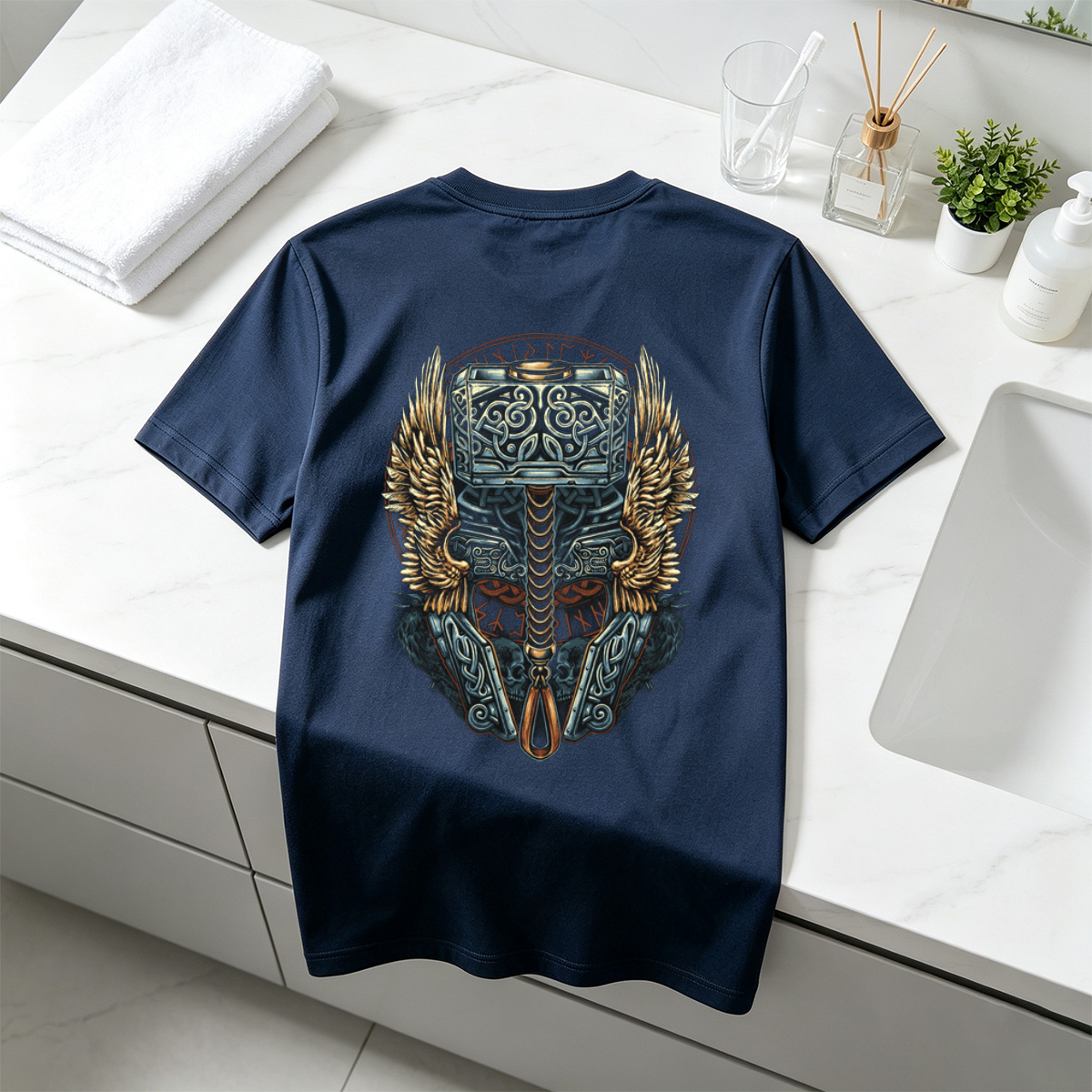 Thor's Hammer Mjolnir with Norse Symbols and Wings - Tee