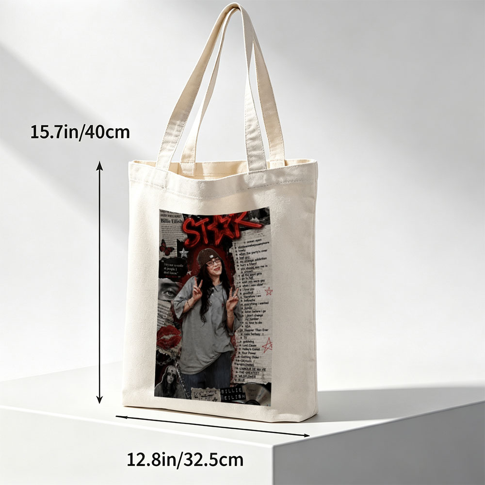 Billie Eilish Fan Art Collage Featuring a Person in a Beanie Making Peace Signs with Lyrics and Quotes - Canvas tote bags