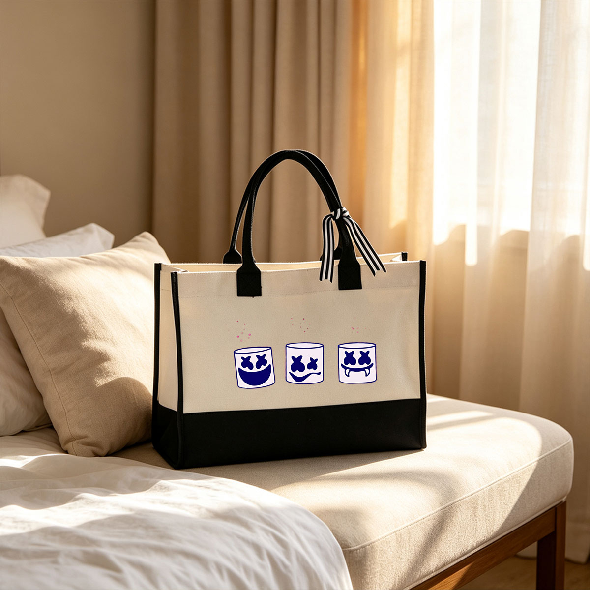 Marshmello: Three Expressive Faces with Unique Smiles - Canvas patchwork gift tote bag