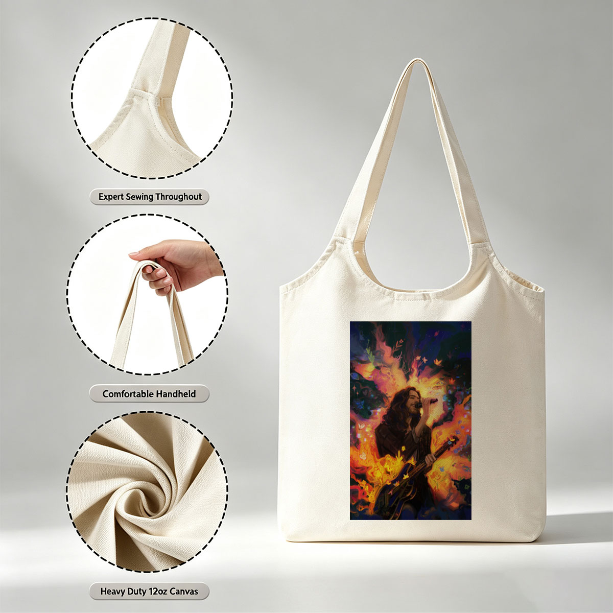 Hozier Performing with Guitar Amidst Vibrant Flames and Flowers Artwork - Canvas shoulder bags/