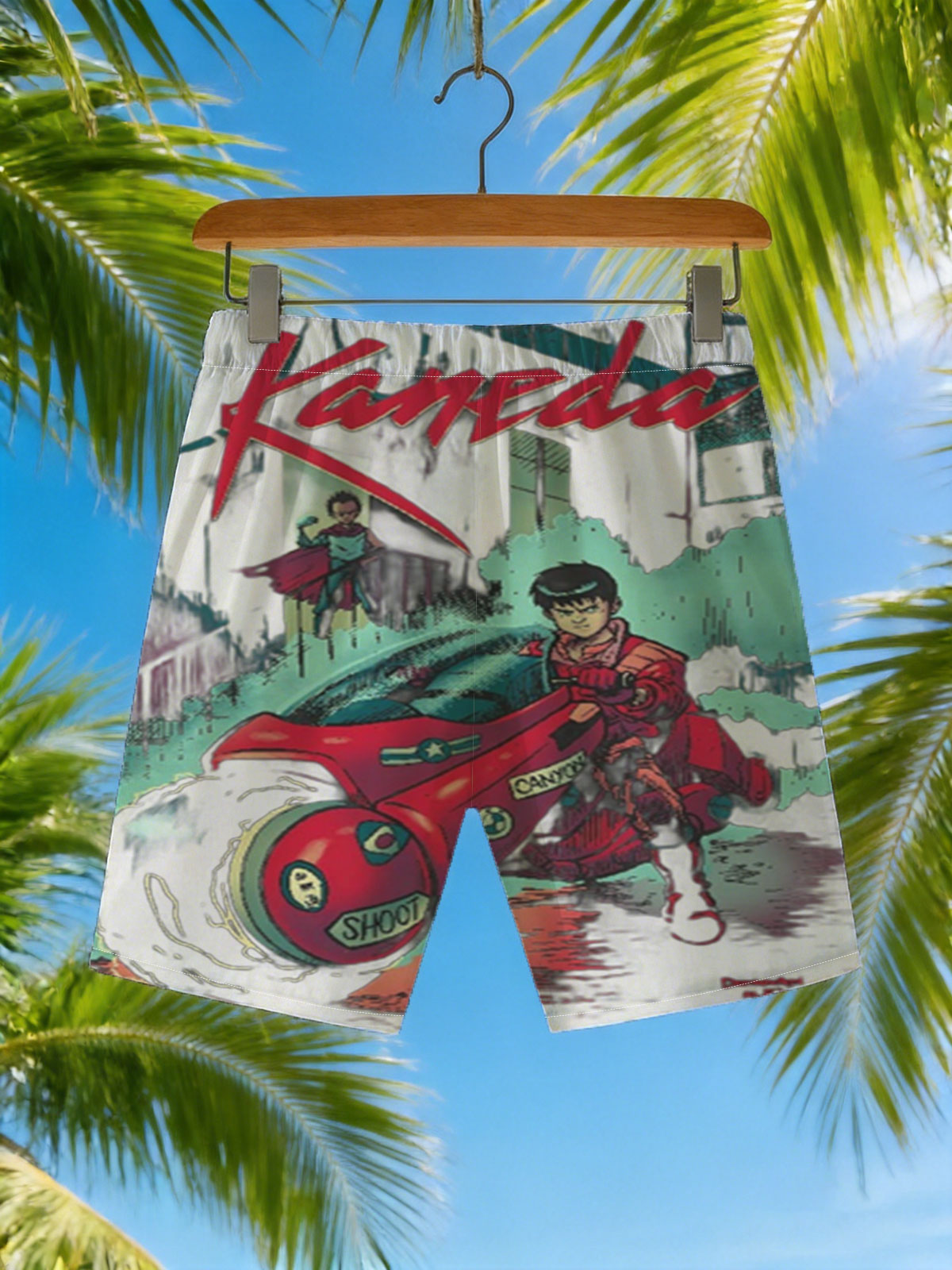 Kaneda on Red Motorcycle with Future City Background -  Beach shorts
