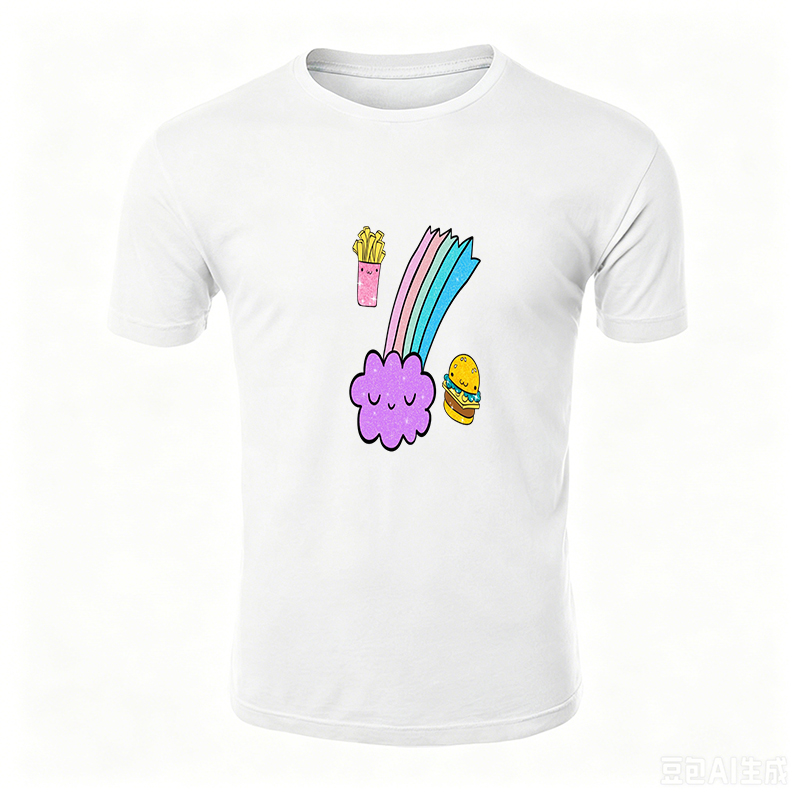 Unisex Classic T-Shirt Featuring Cute Rainbow Cloud, Happy Fries, and Burger Print | Fun Food-Themed Design for Casual Wear | Perfect for Teens, Young Adults, and Food Lovers Who Enjoy Playful Streetwear Style