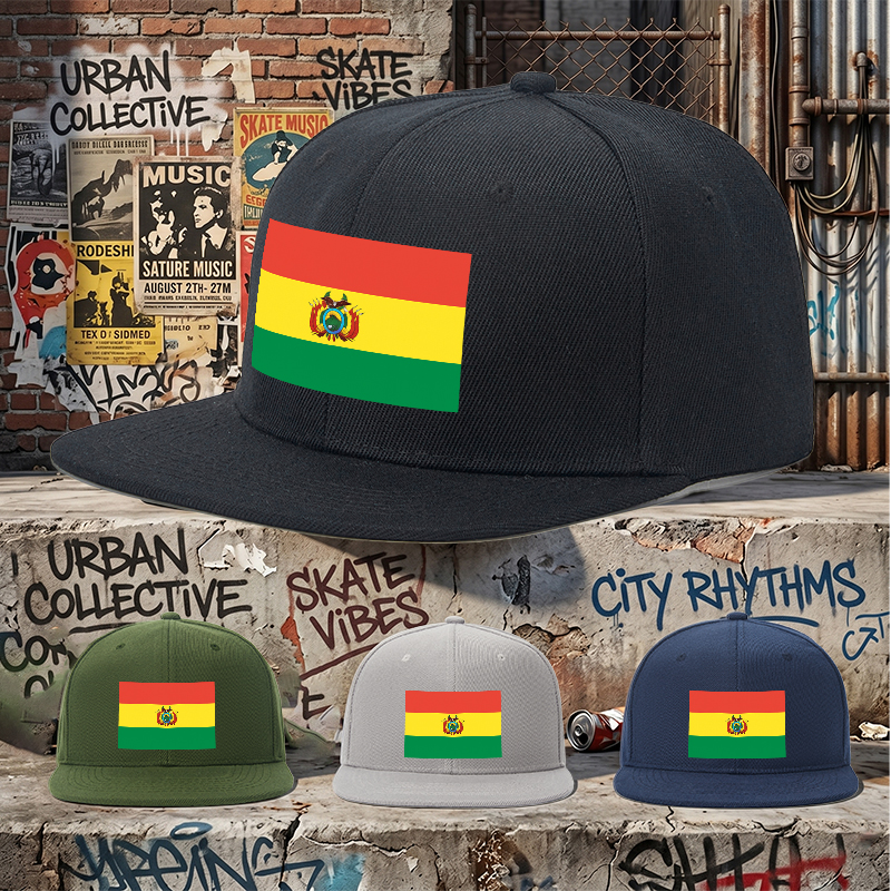 Flat Brim Baseball Cap Bolivia Flag Print Streetwear Underground Skate Style for Basketball Court Skate Park Urban Lifestyle Skaters Rappers Streetwear Enthusiasts