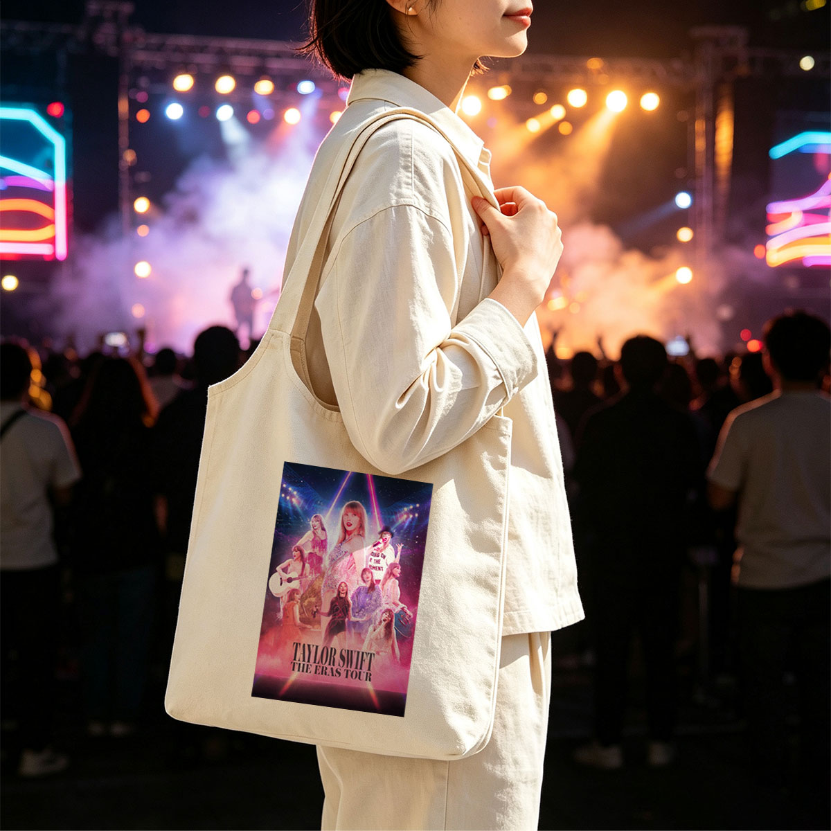 Taylor Swift The Eras Tour Concert Performance Poster with Multiple Outfits and Stage Lights - Canvas shoulder bags/