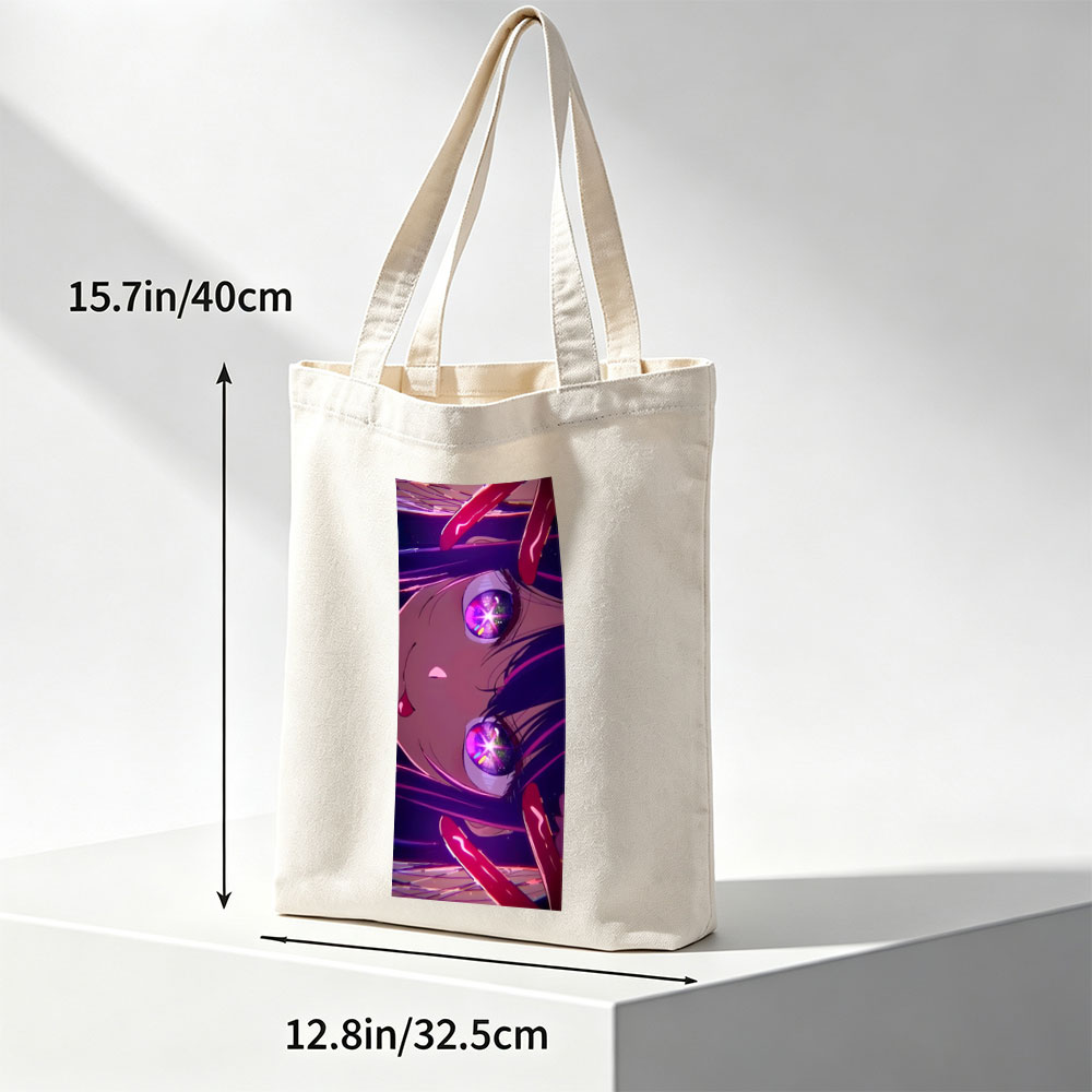 Anime Character with Glowing Purple Eyes and Dramatic Expression in a Cosmic Background - Canvas tote bags