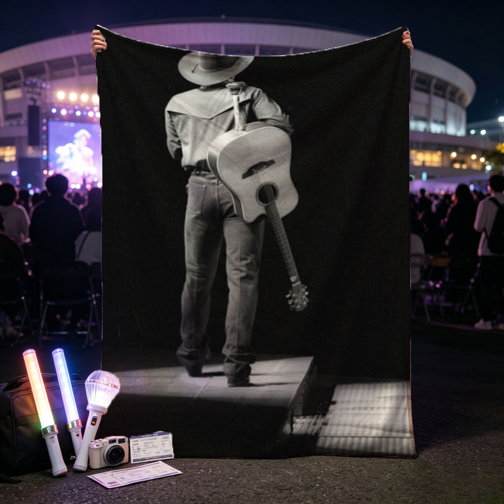 Willie Nelson on Stage with Acoustic Guitar in Black and White Portrait - Blankets