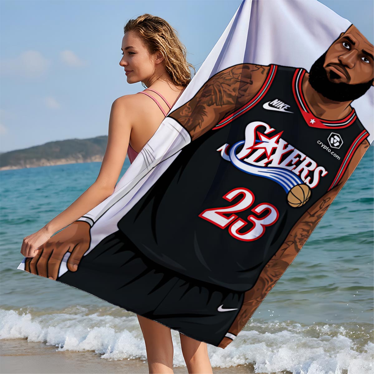 LeBron James in Philadelphia 76ers Jersey, #23, Nike Uniform, Crypto.com Sponsorship - Beach towels