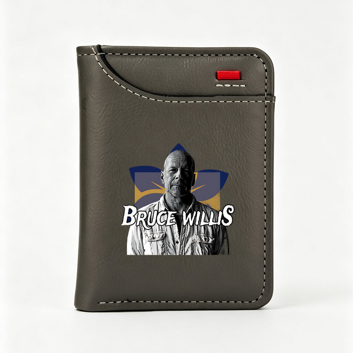 Bruce Willis in a stylized graphic with bold text and abstract background elements - Vertical Style Wallet