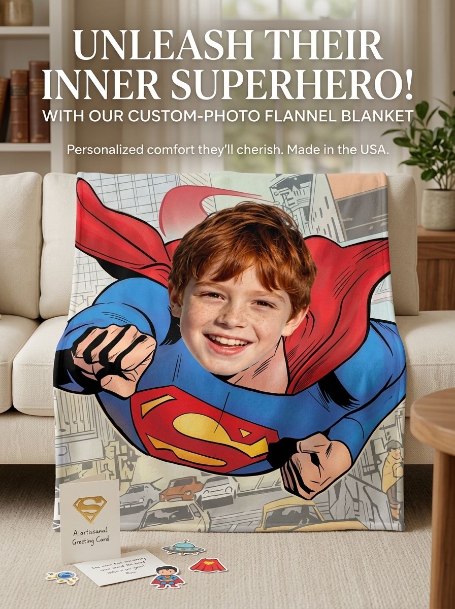 Custom Superhero Photo Blanket Personalized Face Flannel Fleece Throw Cozy Birthday Gift for Kids and Adults