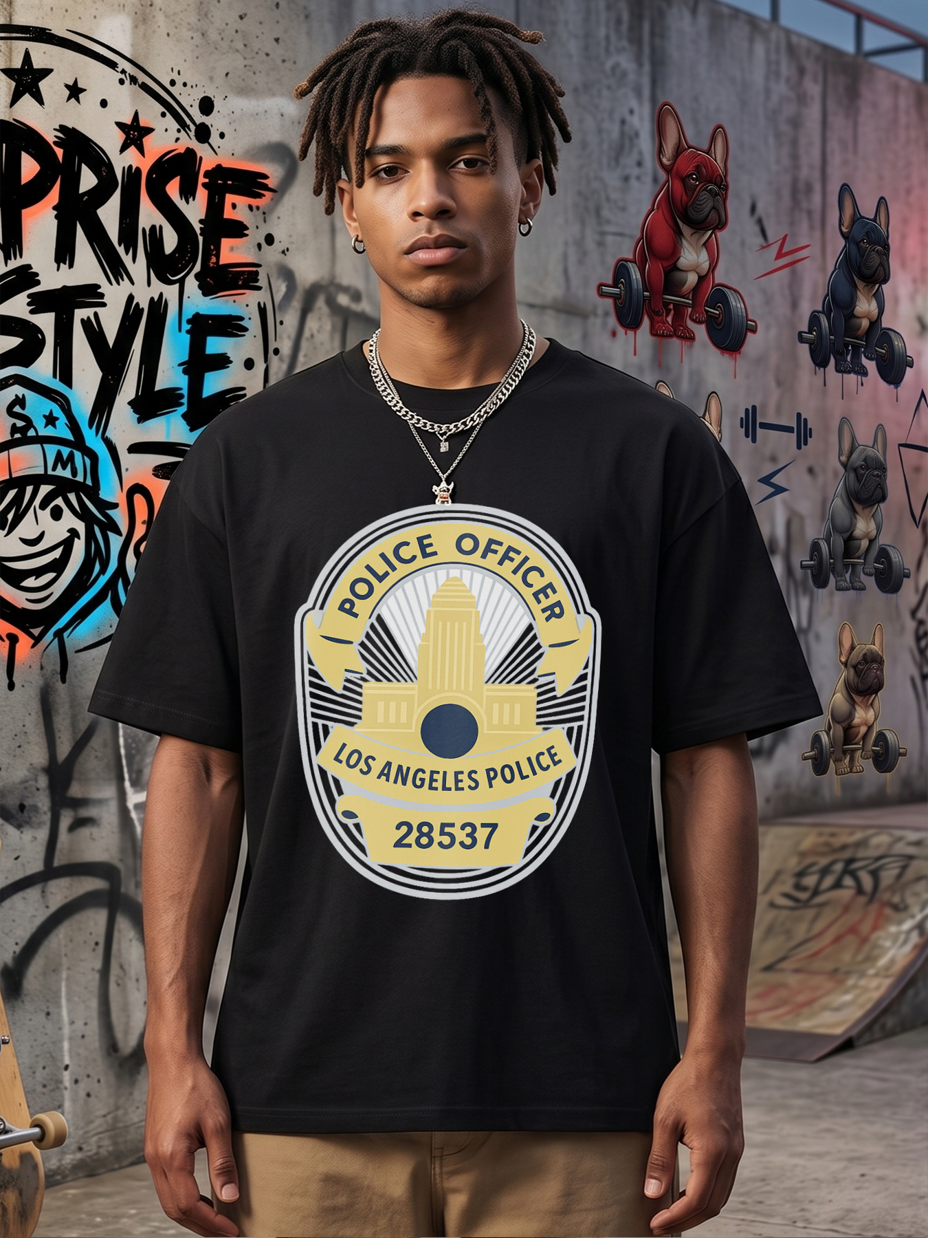 Men's Police Officer Badge Print T-Shirt Los Angeles Police 28537 Graphic Crewneck Summer Lightweight Breathable Casual Short Sleeve Tee for Law Enforcement Enthusiasts and Fans of Classic Americana Design
