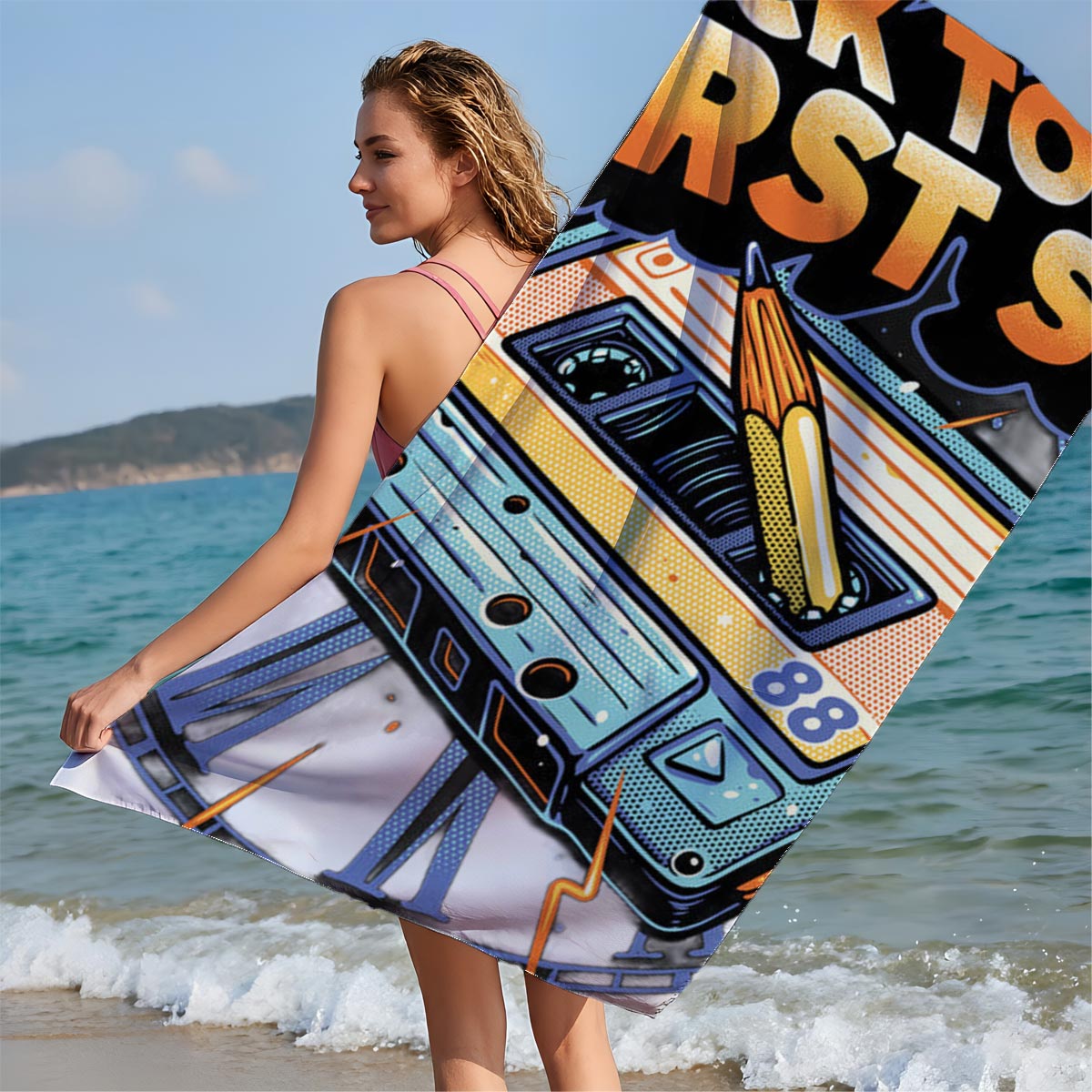 Back to the First Song: Cassette Tape with Pen and Clock Design - Beach towels