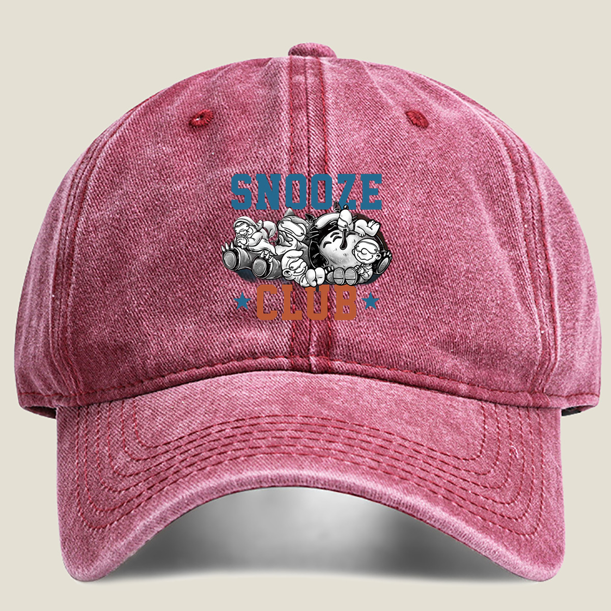 Snooze Club: Mickey, Minnie, Donald, Goofy, and Pluto Sleeping Together - Washed Denim - Baseball Cap