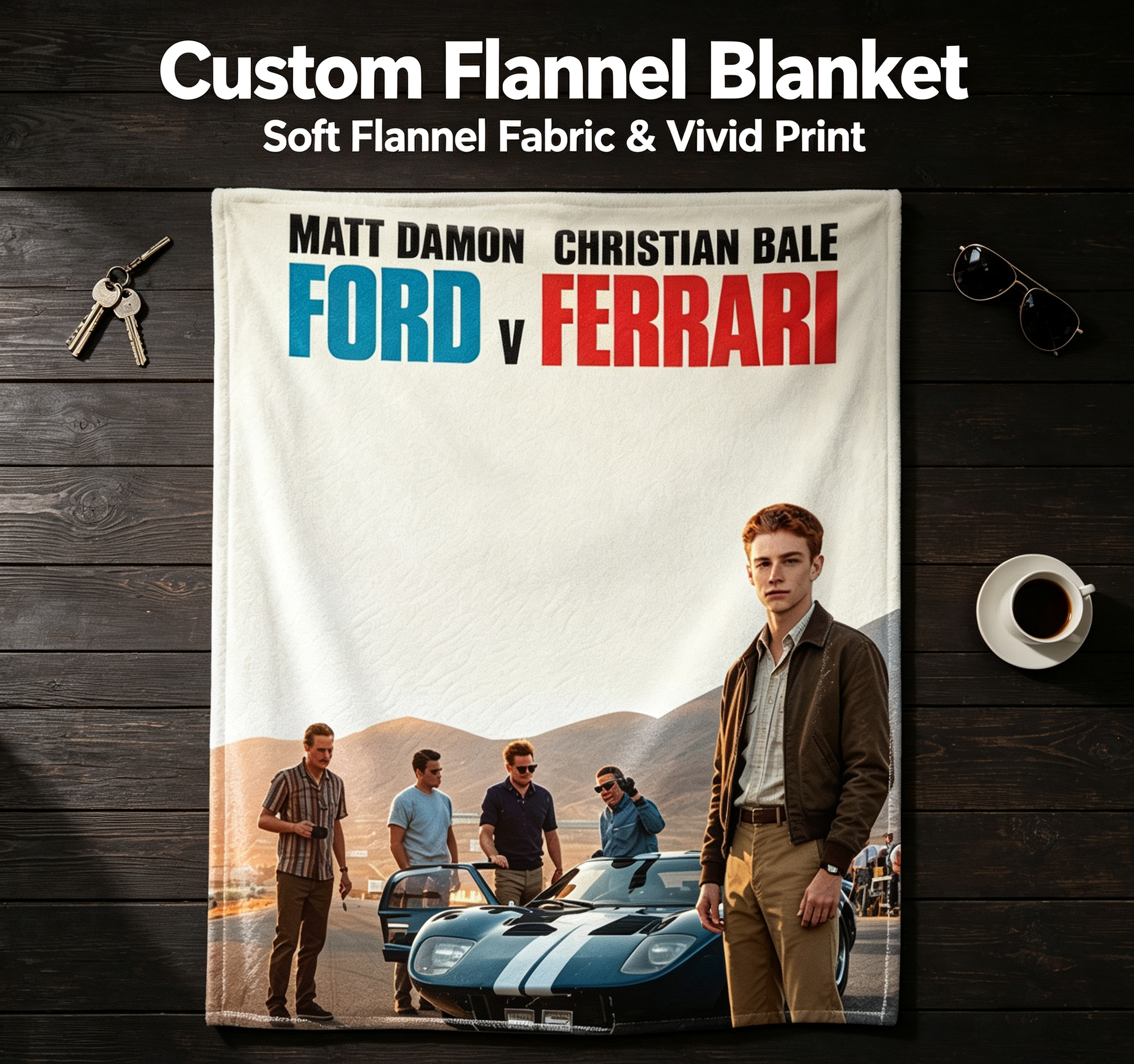 Custom Face Blanket Ford v Ferrari Movie Poster Flannel Blanket for Car Enthusiasts and Movie Fans – Perfect Gift or Giveaway for Racing and Classic Film Lovers