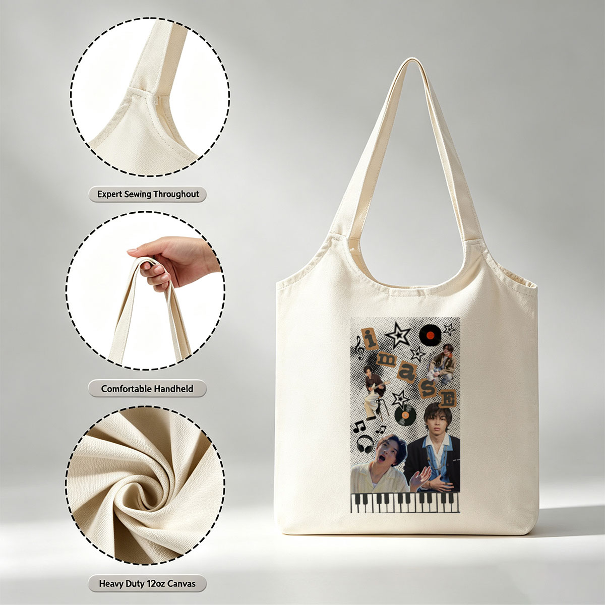 Imase Band Members in Music-Themed Collage with Guitar, Piano Keys, and Vinyl Records - Canvas shoulder bags/