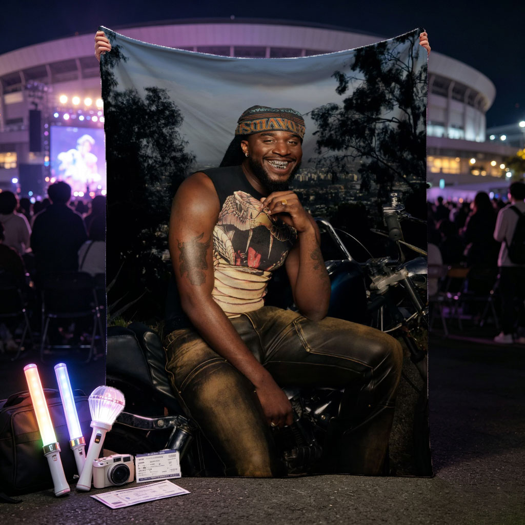 Terry Crews on Motorcycle with City View in Background - Blankets