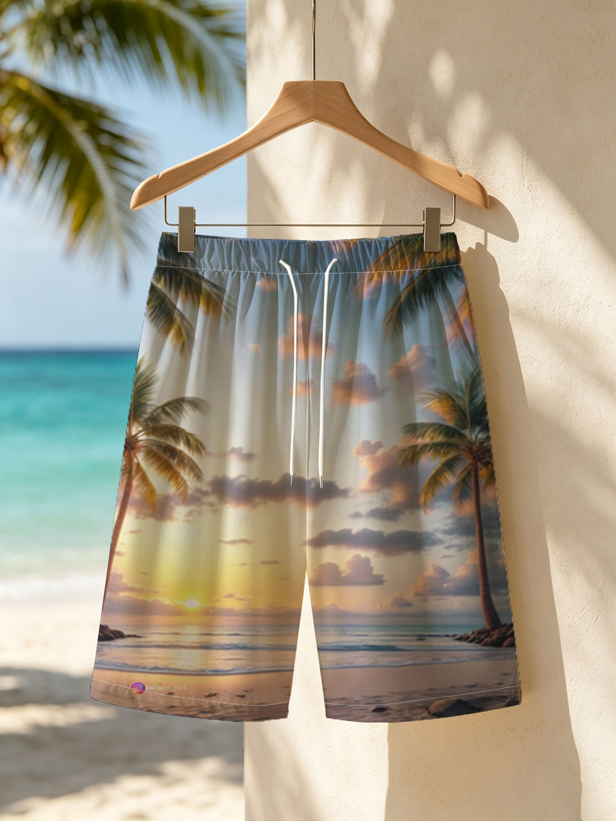Tropical Sunset Beach with Palm Trees and Calm Ocean -  Beach shorts