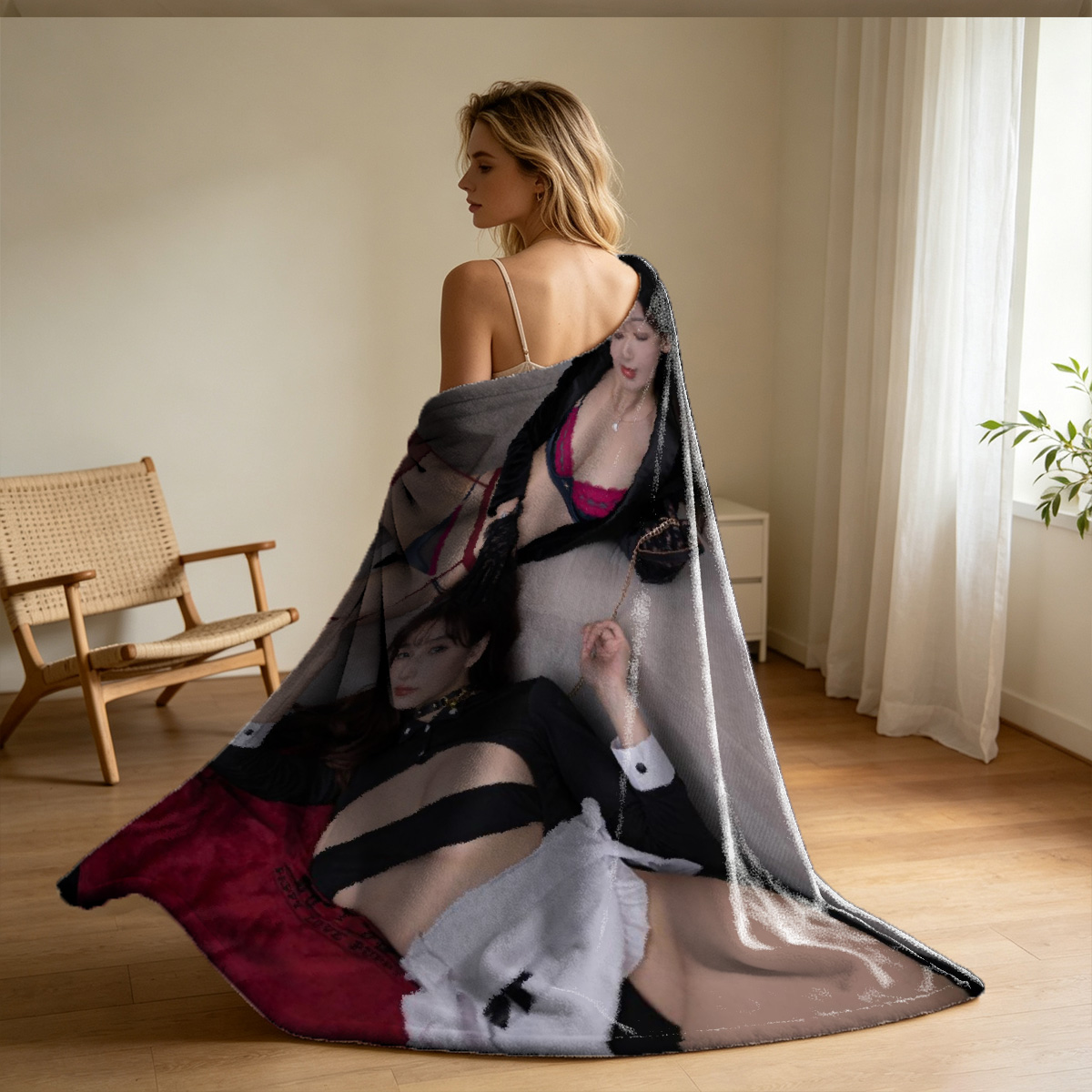 Kate Upton in black lace lingerie and stockings on an orange velvet chair - Blanket