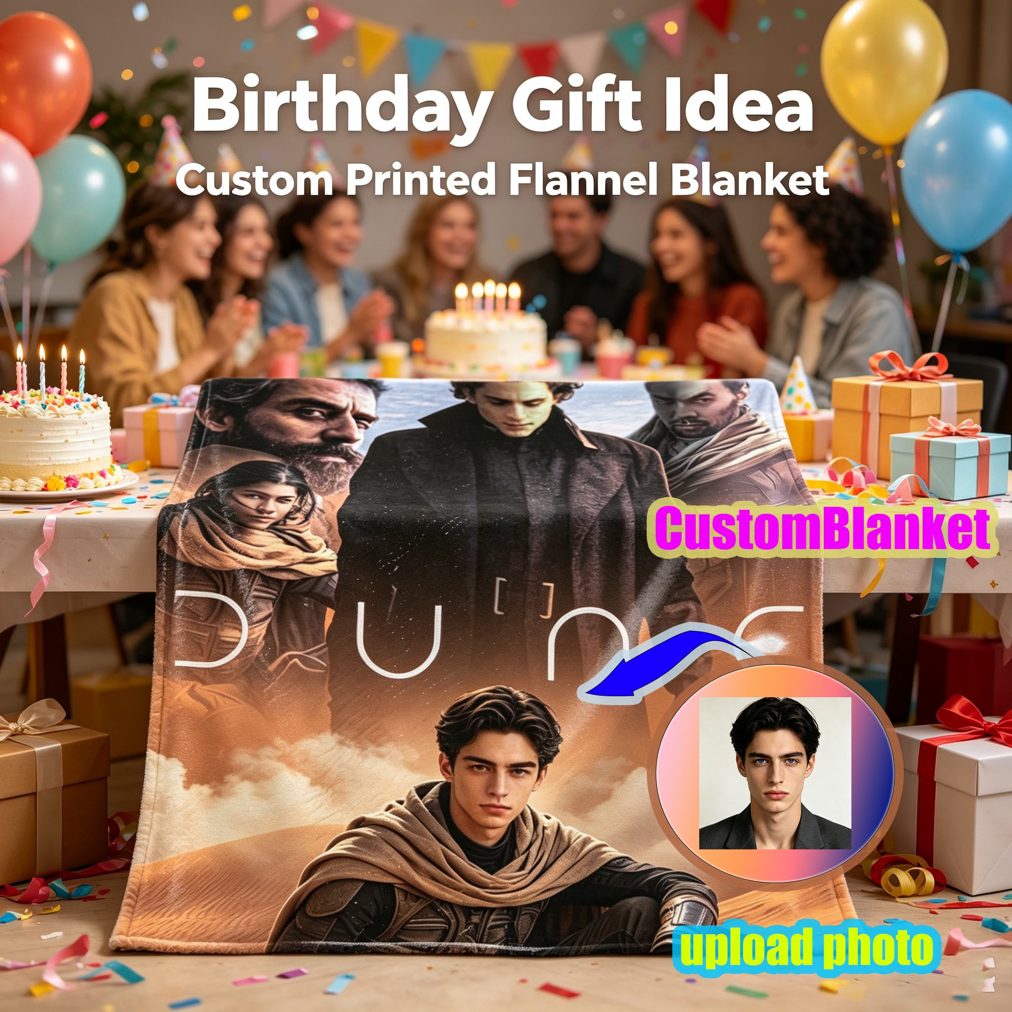 Custom Face Blanket Dune Movie Character Flannel Blanket for Desert Themed Bedroom Decor or Fan Gift Idea